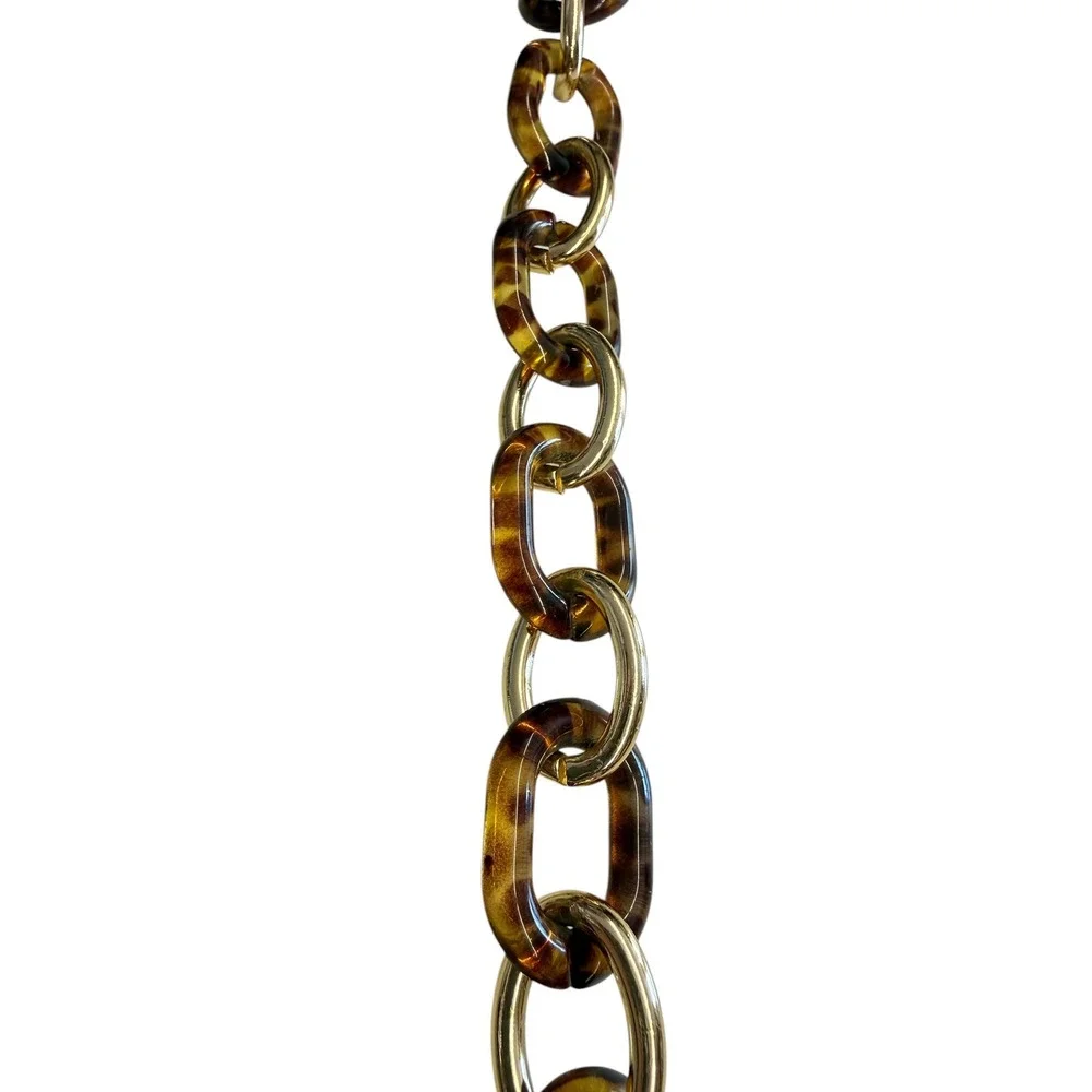 Tortoise Shell Chunky Chain Link Necklace‎ Gold Tone Adjustable Statement Brown